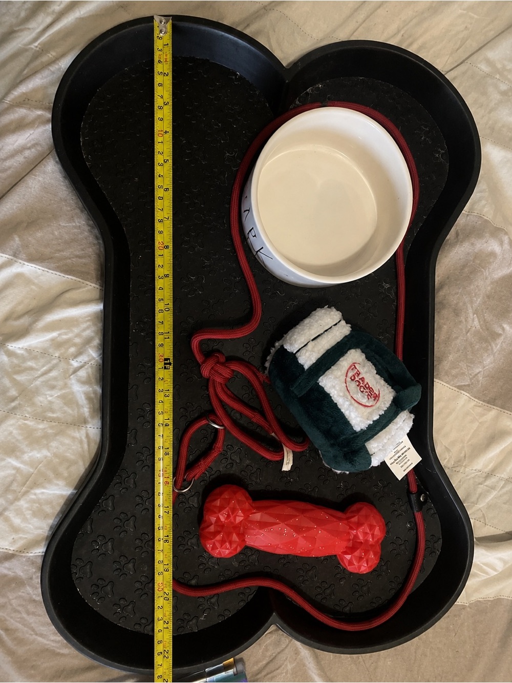 Dog Feeding Station Bundle Bone-Shaped Mat Bowl Leash Plush Toy Chew Toy Set